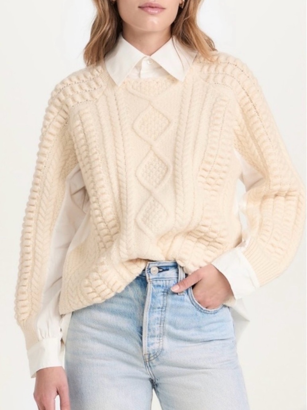 Sea New York Cream Leni Fisherman Cable Long Sleeve Combo Sweater in Cream